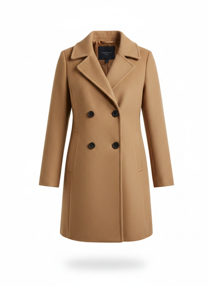 Women's classic winter coat, khaki double-breasted with notch lapels and buttons