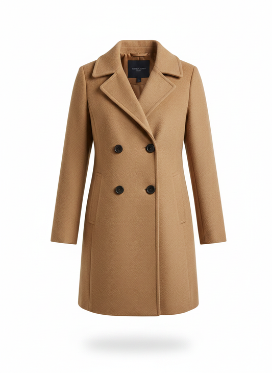 Women's classic winter coat, khaki double-breasted with notch lapels and buttons