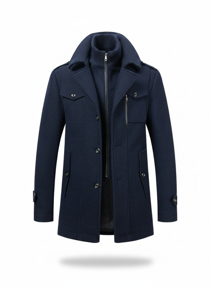 Men's dark blue smart-casual coat front view with zip front and flap pockets