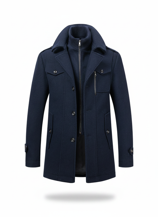 Men's dark blue smart-casual coat front view with zip front and flap pockets