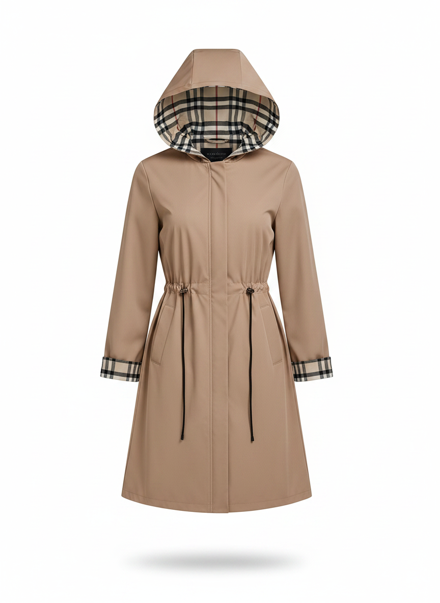 Women's hooded zip coat in beige with plaid hood lining, drawstring waist, and zip