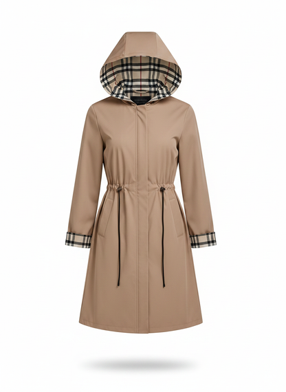 Women's hooded zip coat in beige with plaid hood lining, drawstring waist, and zip