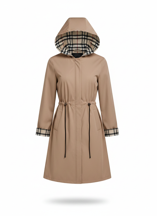 Women's hooded zip coat in beige with plaid hood lining, drawstring waist, and zip