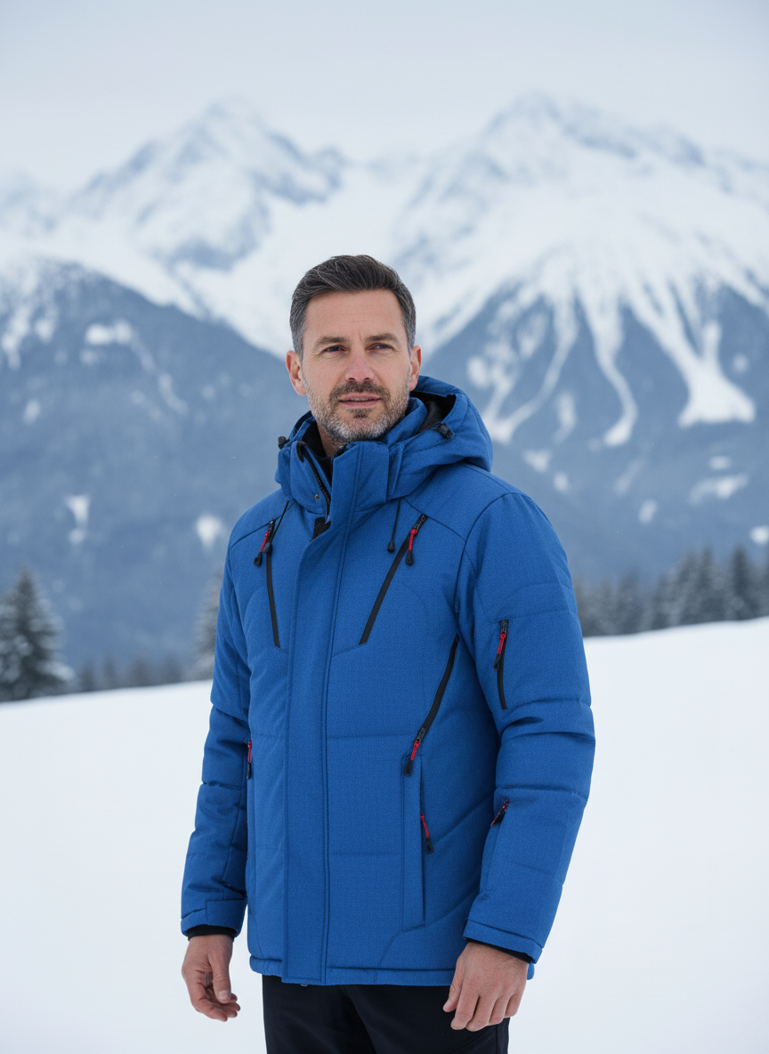 Men's blue rainproof winter parka with full hood, zip front and drawstring hem