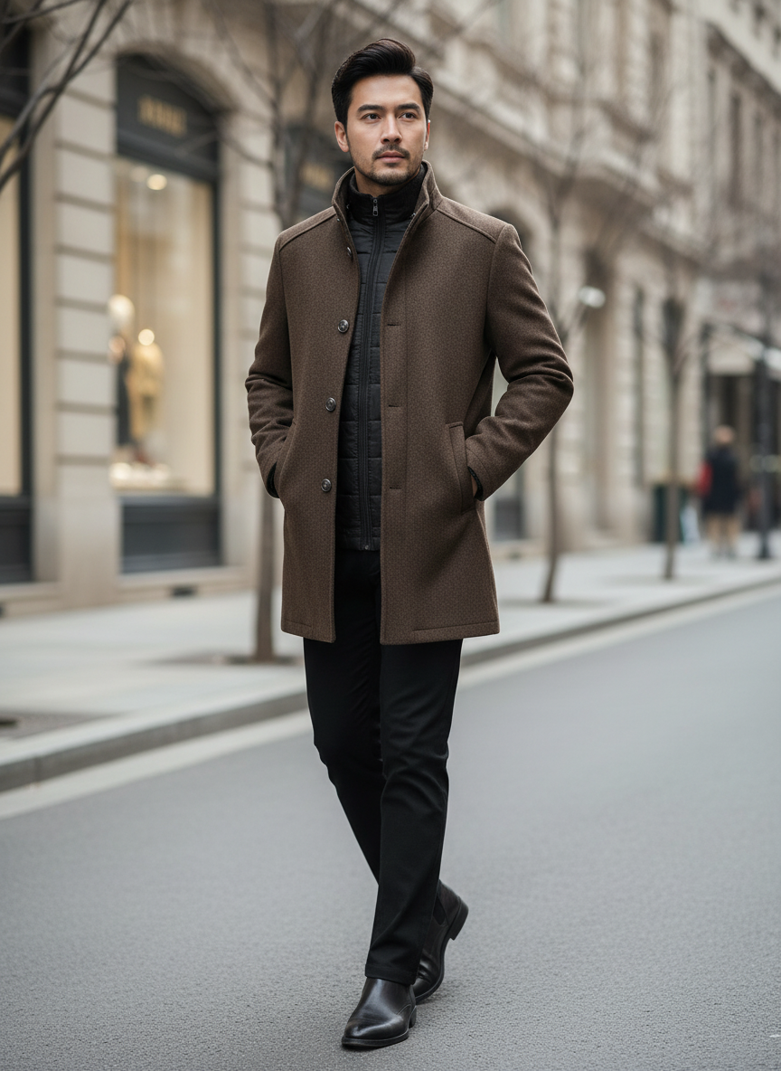 Men's brown wool stand-collar coat on model with dark pants