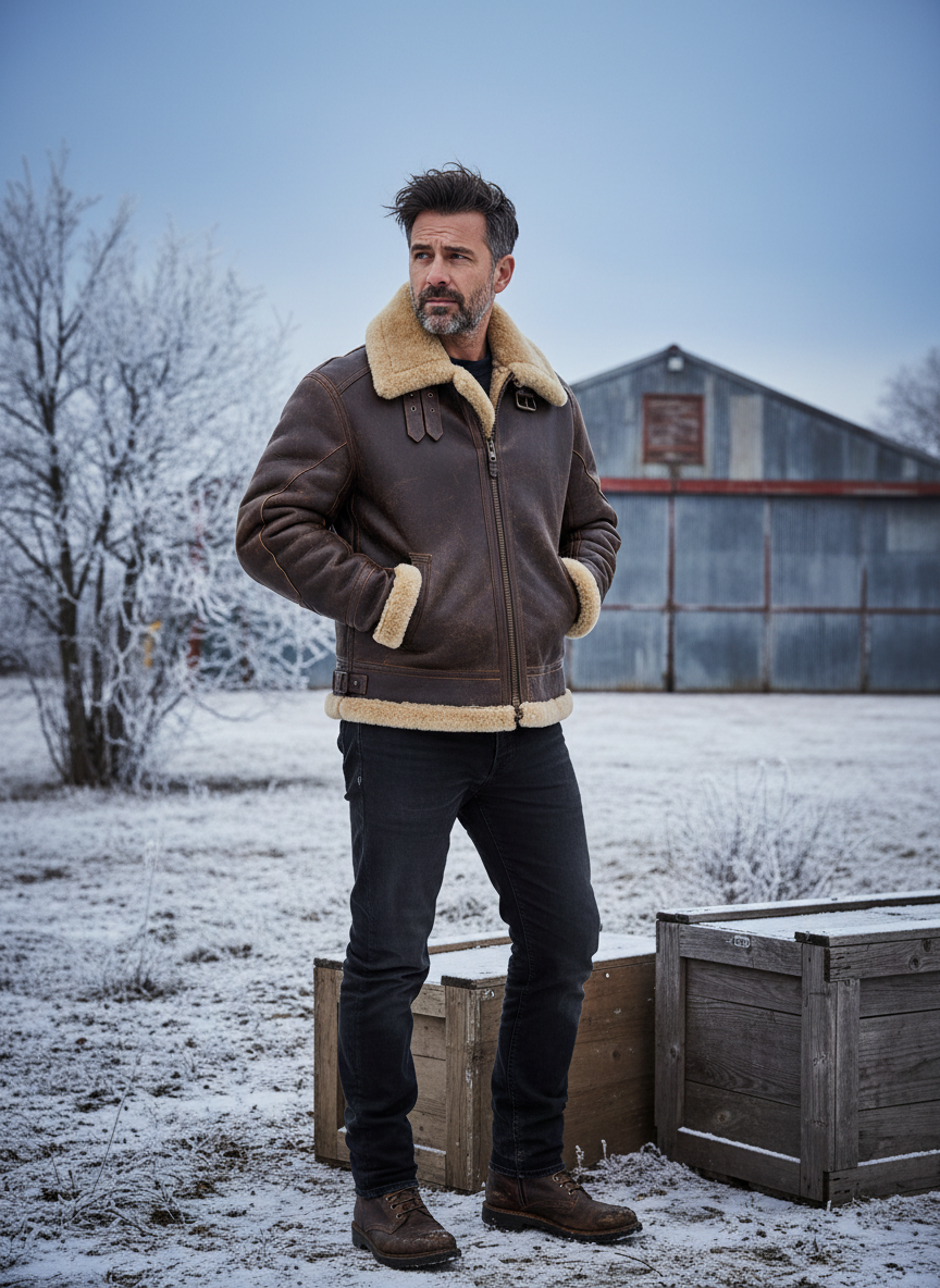 Men's brown shearling flight jacket with tan collar and zip front, flap pockets