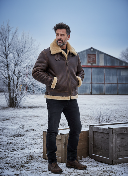Men's brown shearling flight jacket with tan collar and zip front, flap pockets