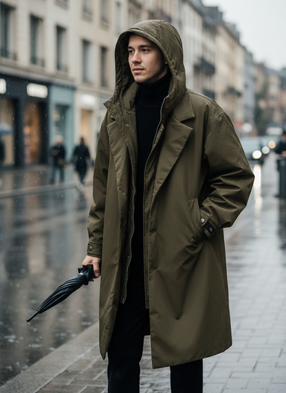 Olive green hooded long rain jacket with snap front and stand collar detail.