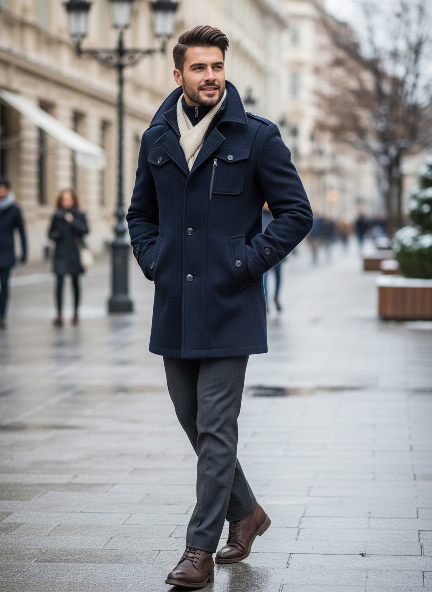 Men's dark blue smart-casual coat with zip front and flap pockets, worn with trousers