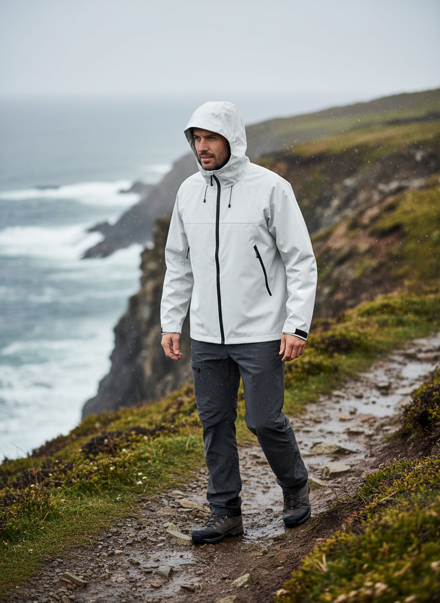 Men's waterproof hooded shell jacket in white, worn with hood up and zip front