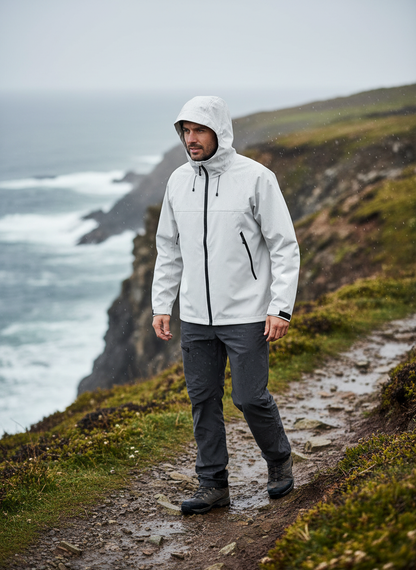 Men's waterproof hooded shell jacket in white, worn with hood up and zip front