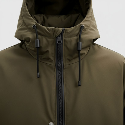 Olive green hood with adjustable drawcord and center front zipper on rain jacket.