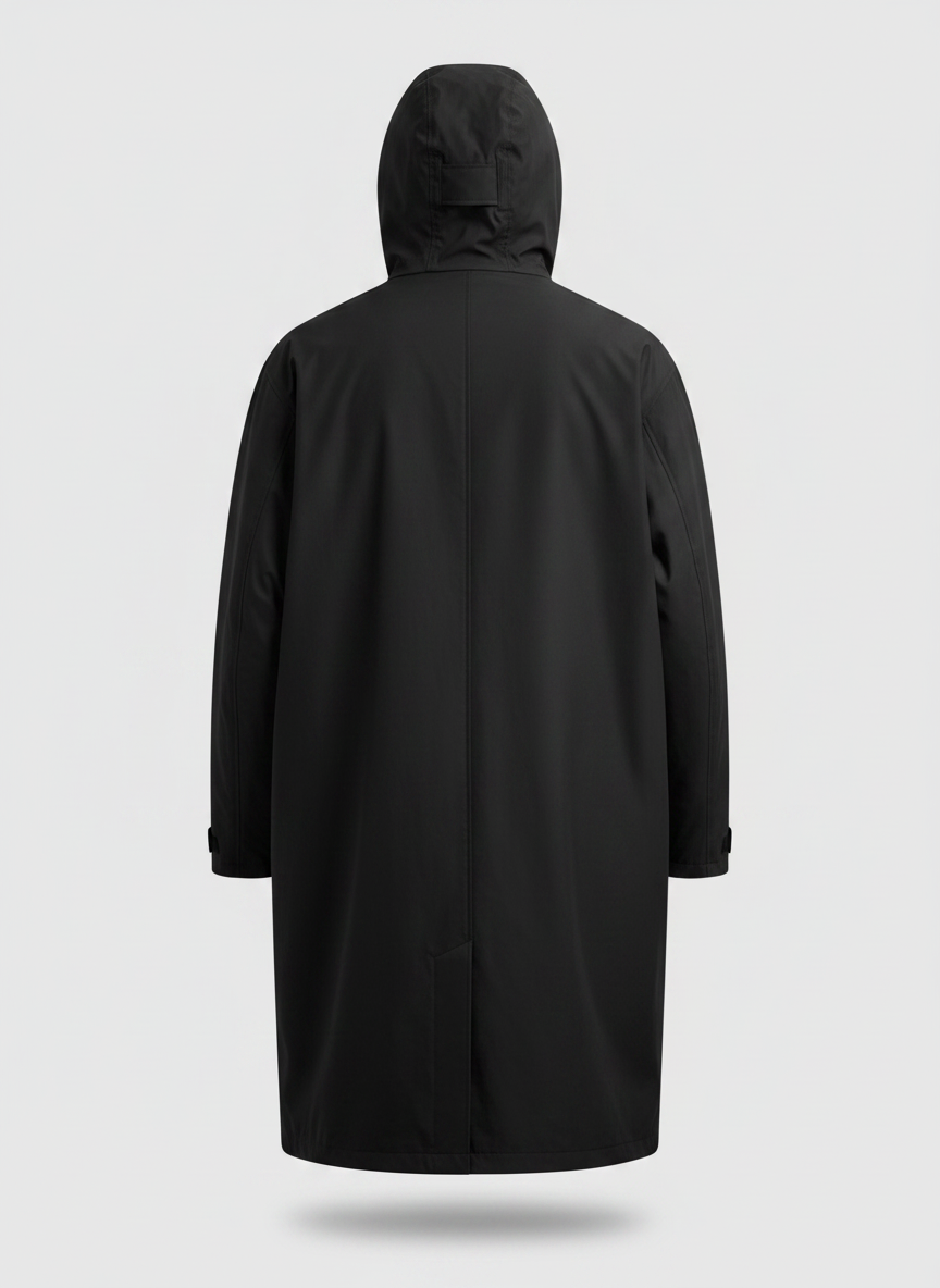 Black hooded long rain jacket back view with vertical center seam.