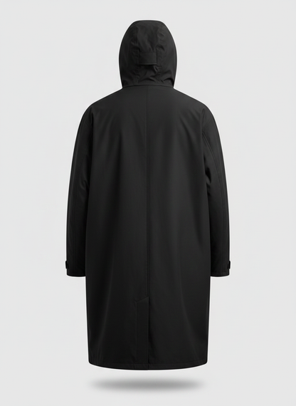 Black hooded long rain jacket back view with vertical center seam.