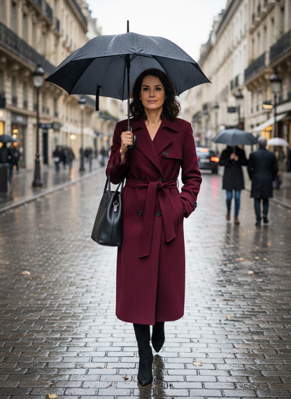 Burgundy long belted trench coat with double-breasted front and waist tie
