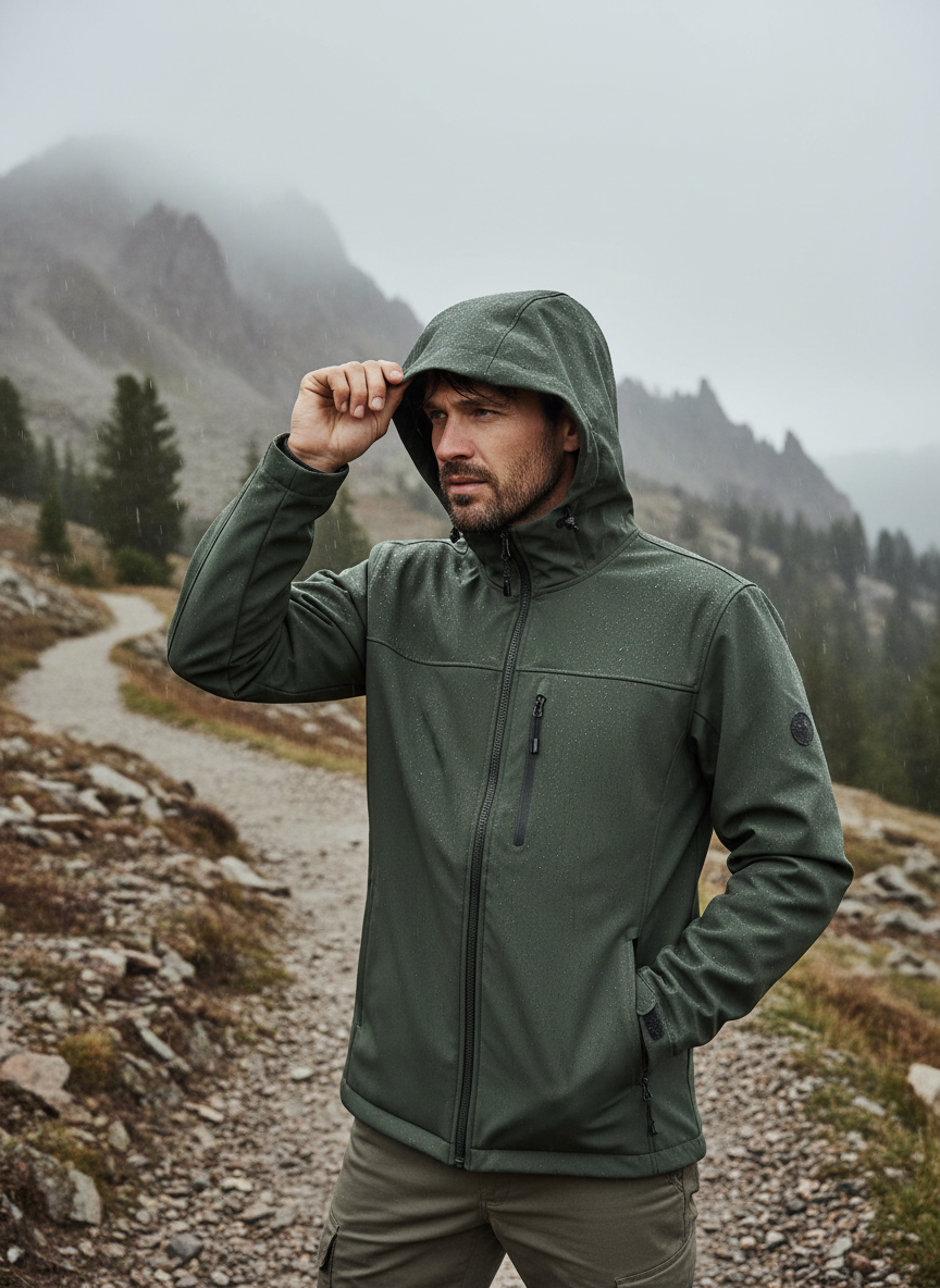 Man wearing olive green waterproof softshell jacket with zip-front hood