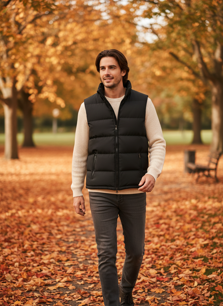 Men’s black quilted puffer vest worn by a model outdoors, front zipper and collar visible