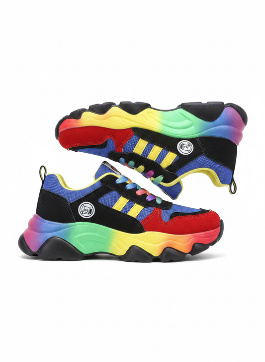 Multicolor lace-up chunky sneakers with rainbow gradient sole, studio side view