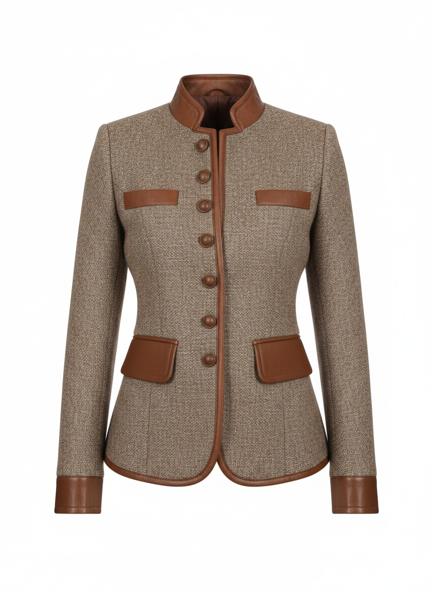 Brown tweed jacket with stand collar, button front, and four flap pocket accents