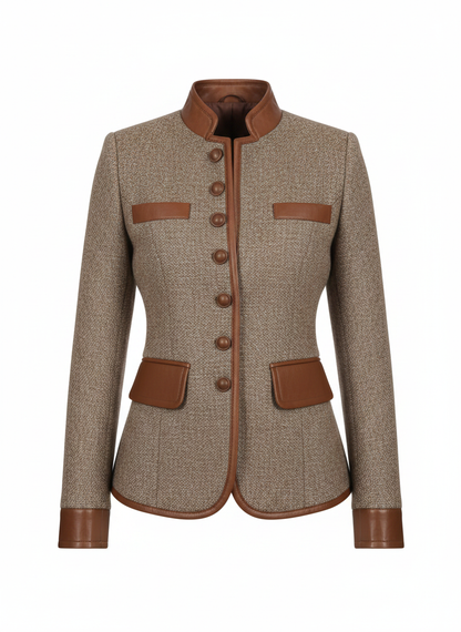 Brown tweed jacket with stand collar, button front, and four flap pocket accents