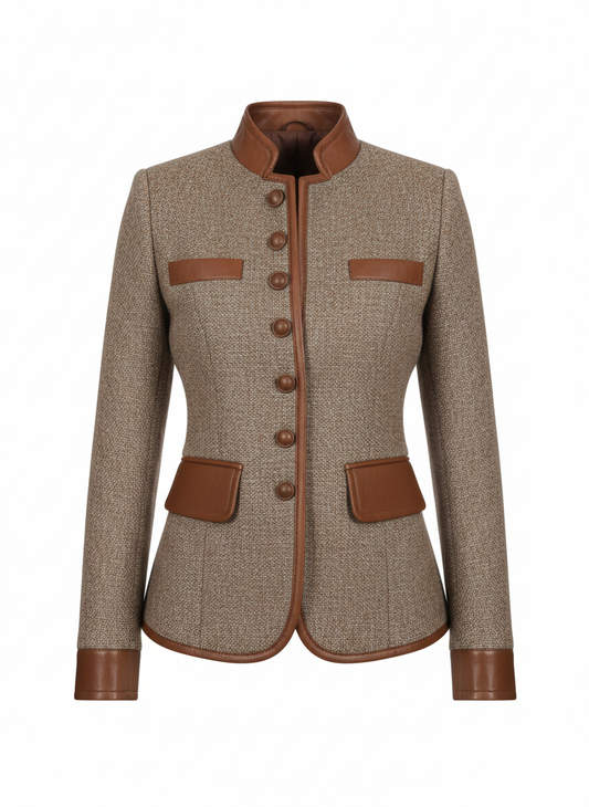 Brown tweed jacket with stand collar, button front, and four flap pocket accents