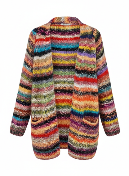 Multicolor striped knit cardigan, back view with long sleeves, open front
