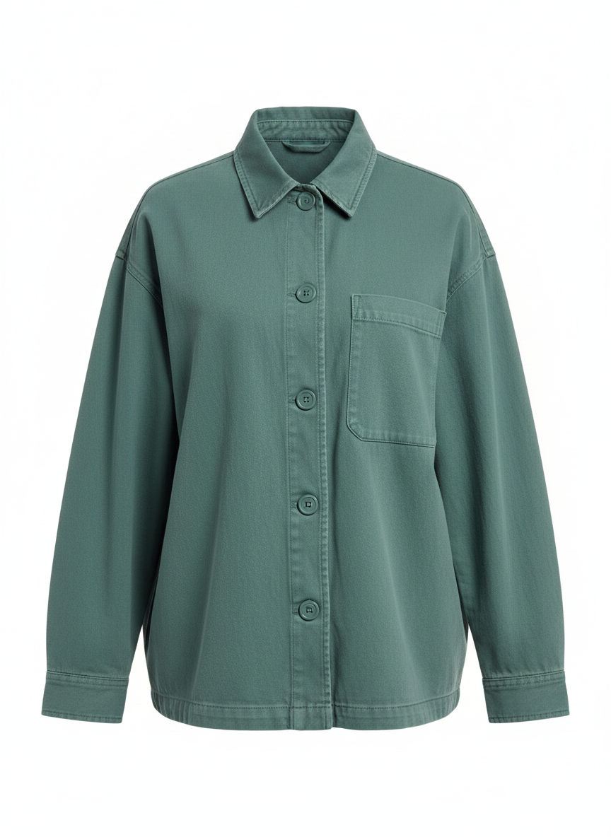 Teal cotton button-up jacket with pointed collar and chest pocket, long sleeves