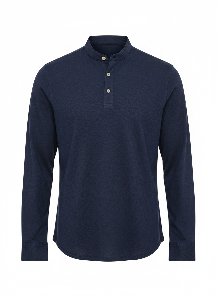 Navy long-sleeve henley top with button placket and mock neck