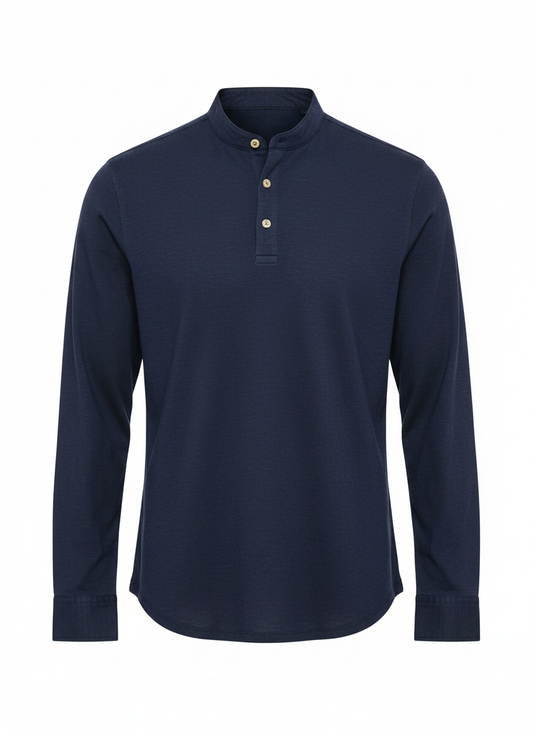 Navy long-sleeve henley top with button placket and mock neck