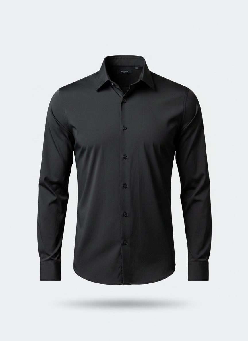 Men's black long-sleeve button-up shirt with spread collar and button front