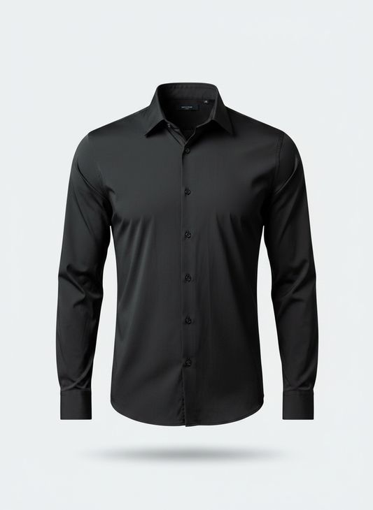Men's black long-sleeve button-up shirt with spread collar and button front