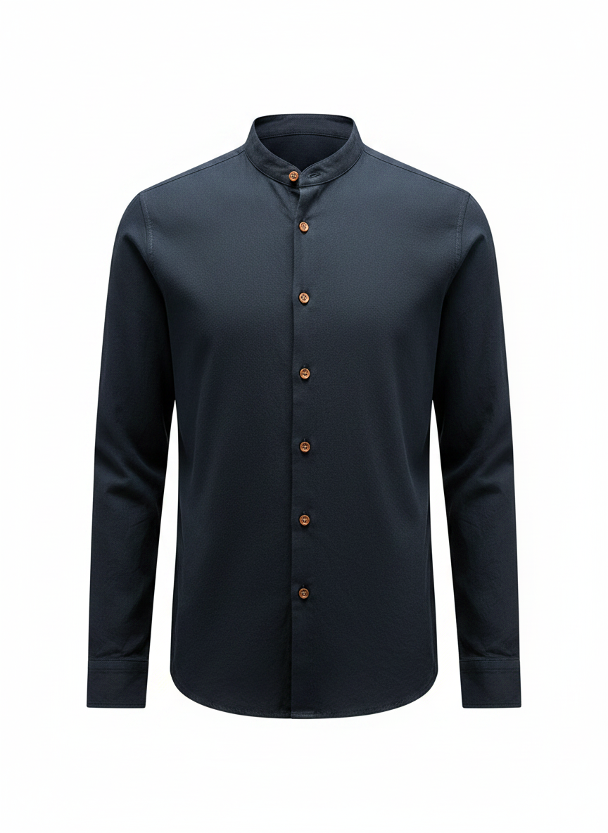 Navy Japanese-style stand-collar shirt with long sleeves and front button placket