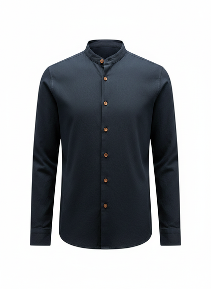 Navy Japanese-style stand-collar shirt with long sleeves and front button placket