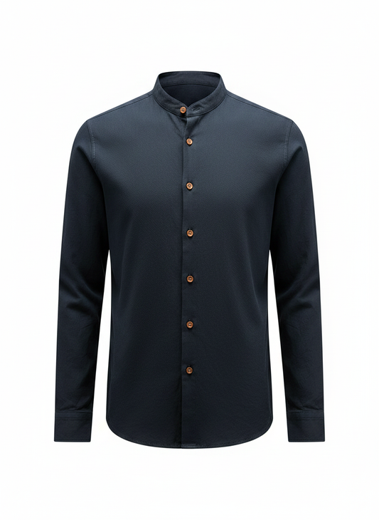 Navy Japanese-style stand-collar shirt with long sleeves and front button placket