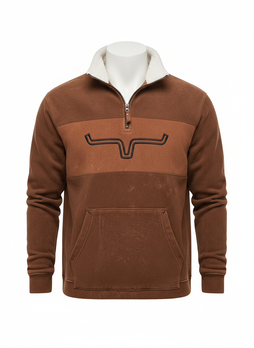 Fleece quarter-zip pullover in brown with tan collar, quarter-zip, and kangaroo pocket