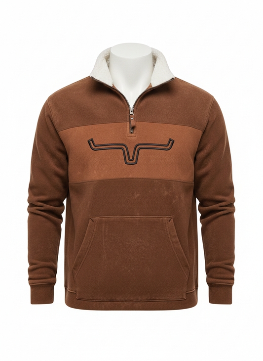 Fleece quarter-zip pullover in brown with tan collar, quarter-zip, and kangaroo pocket