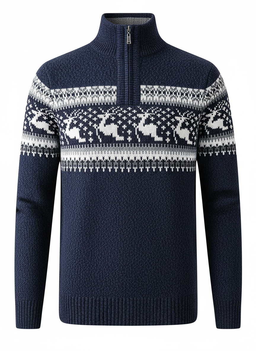 Navy Fair Isle half-zip sweater with high collar and striped yoke pattern