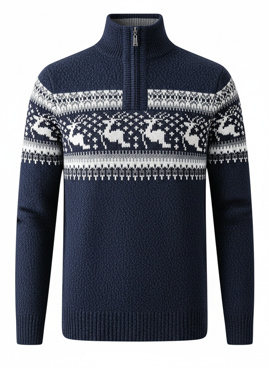 Navy Fair Isle half-zip sweater with high collar and striped yoke pattern