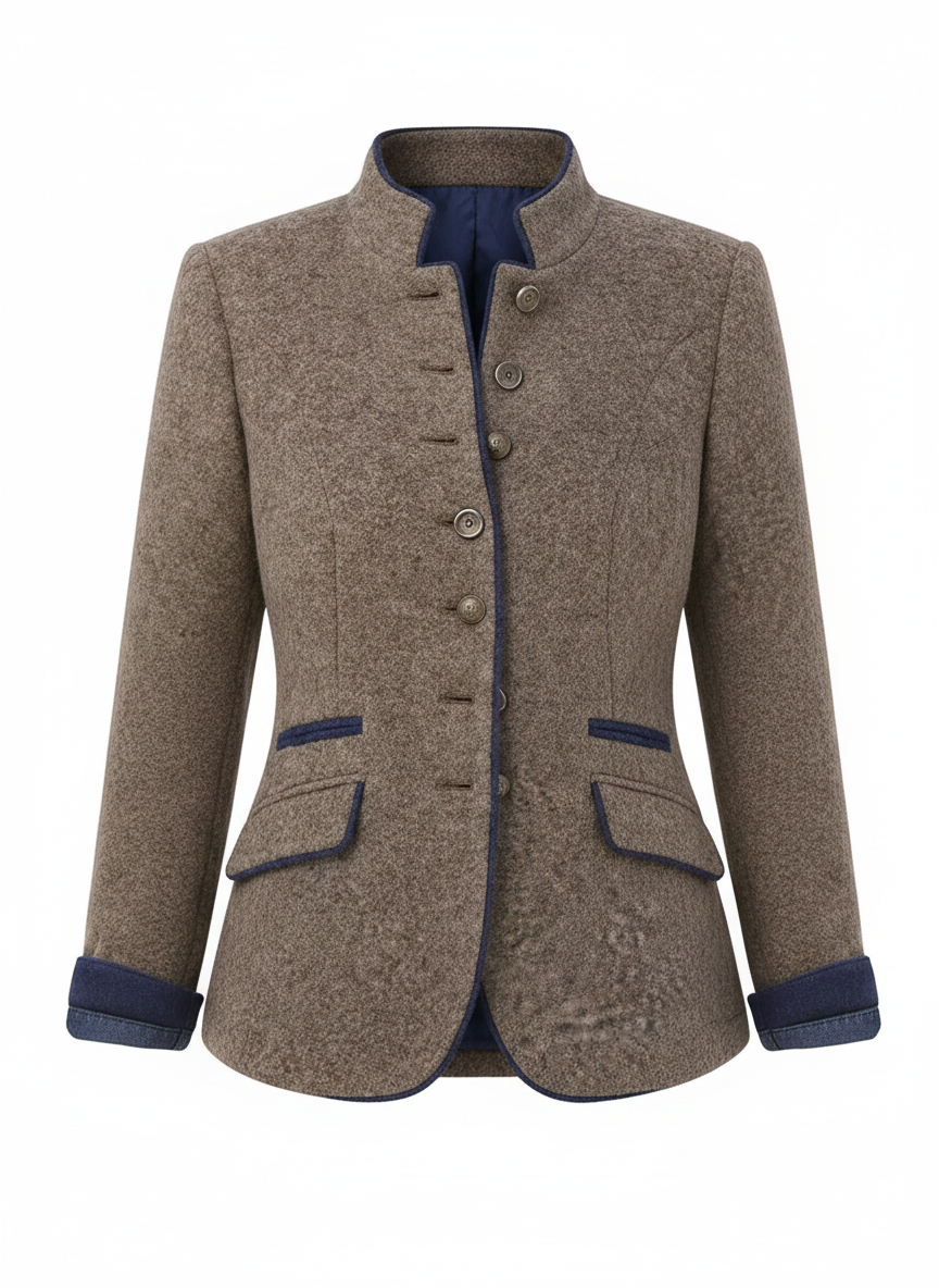 Tailored button cardigan in caramel heather with button placket, notched collar, patch pockets