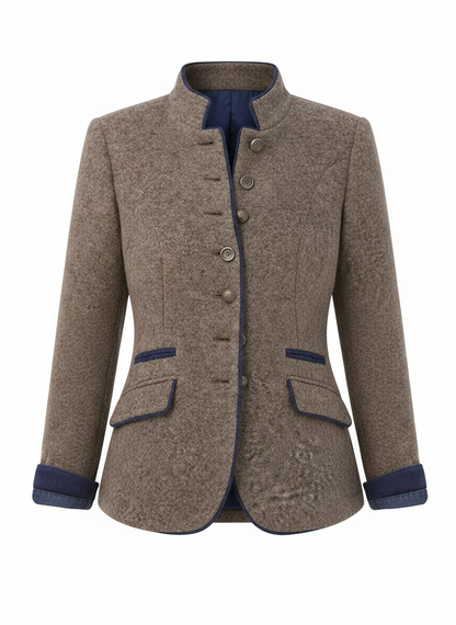 Tailored button cardigan in caramel heather with button placket, notched collar, patch pockets