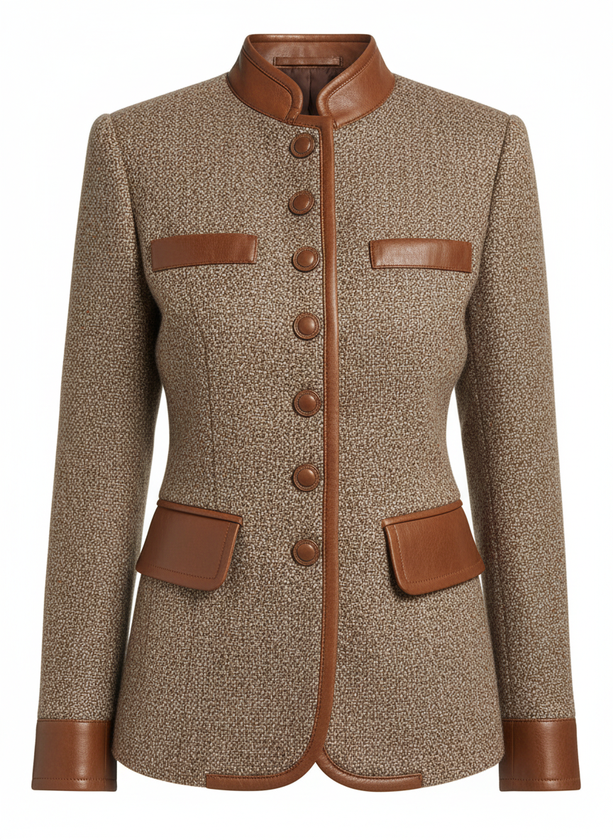 Brown textured tweed jacket with stand collar, gold buttons, and leather-trim cuffs