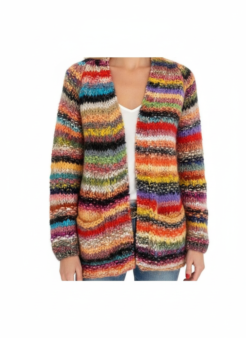 Multicolor striped knit cardigan with open front, long sleeves