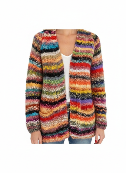 Multicolor striped knit cardigan with open front, long sleeves
