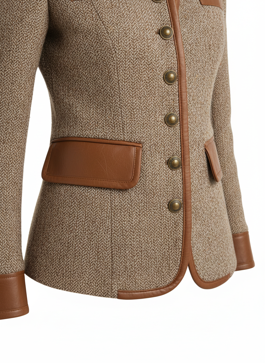Brown tweed jacket waist pocket detail with leather-look trim and button placket