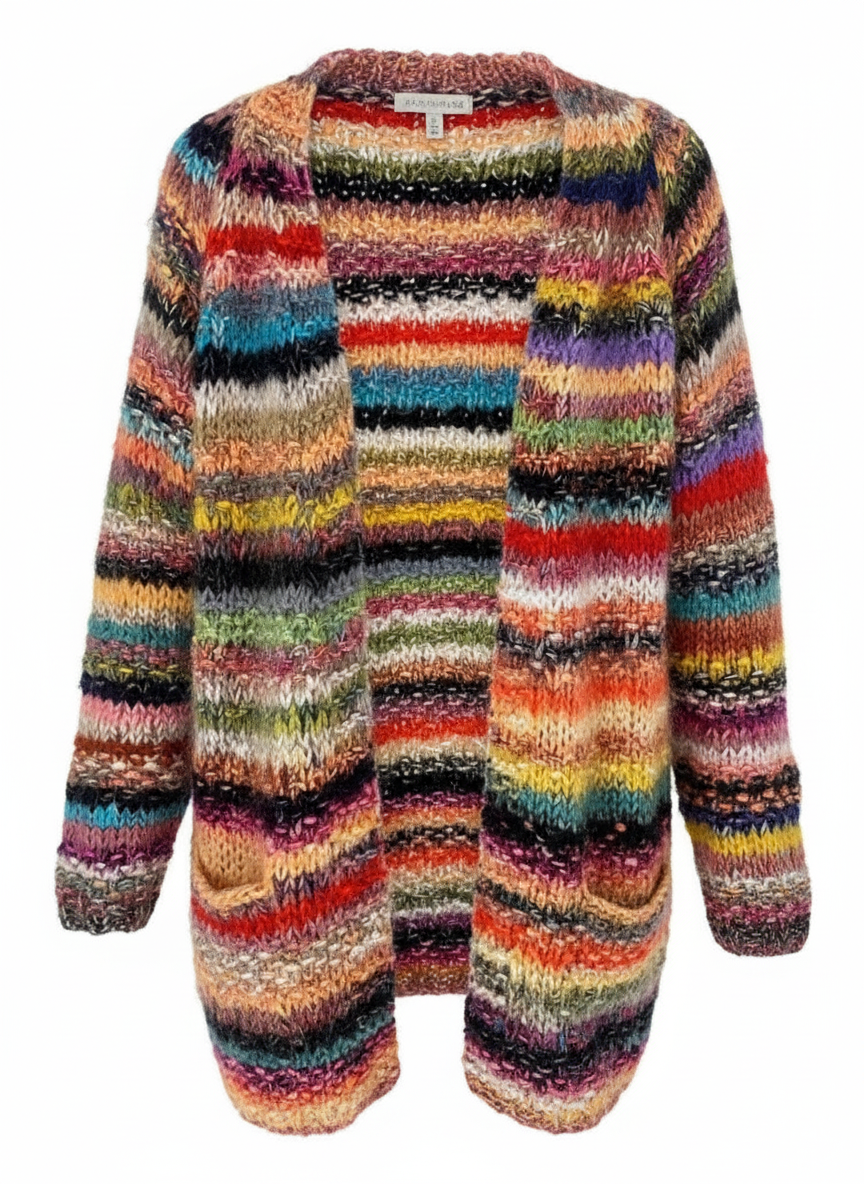 Multicolor striped knit cardigan, full front view, open front, long sleeves