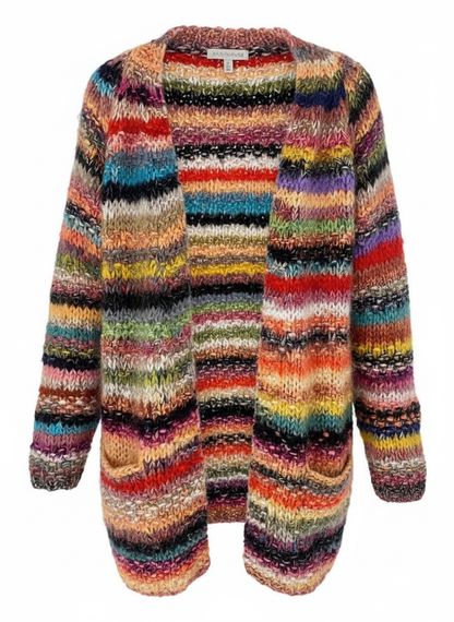 Multicolor striped knit cardigan, full front view, open front, long sleeves