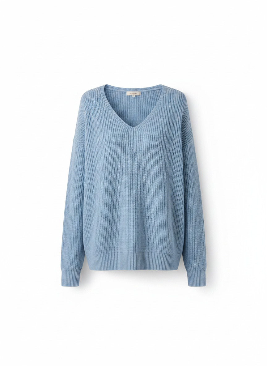 Light blue V-neck knit sweater with long sleeves, ribbed hem and cuffs (flat lay)