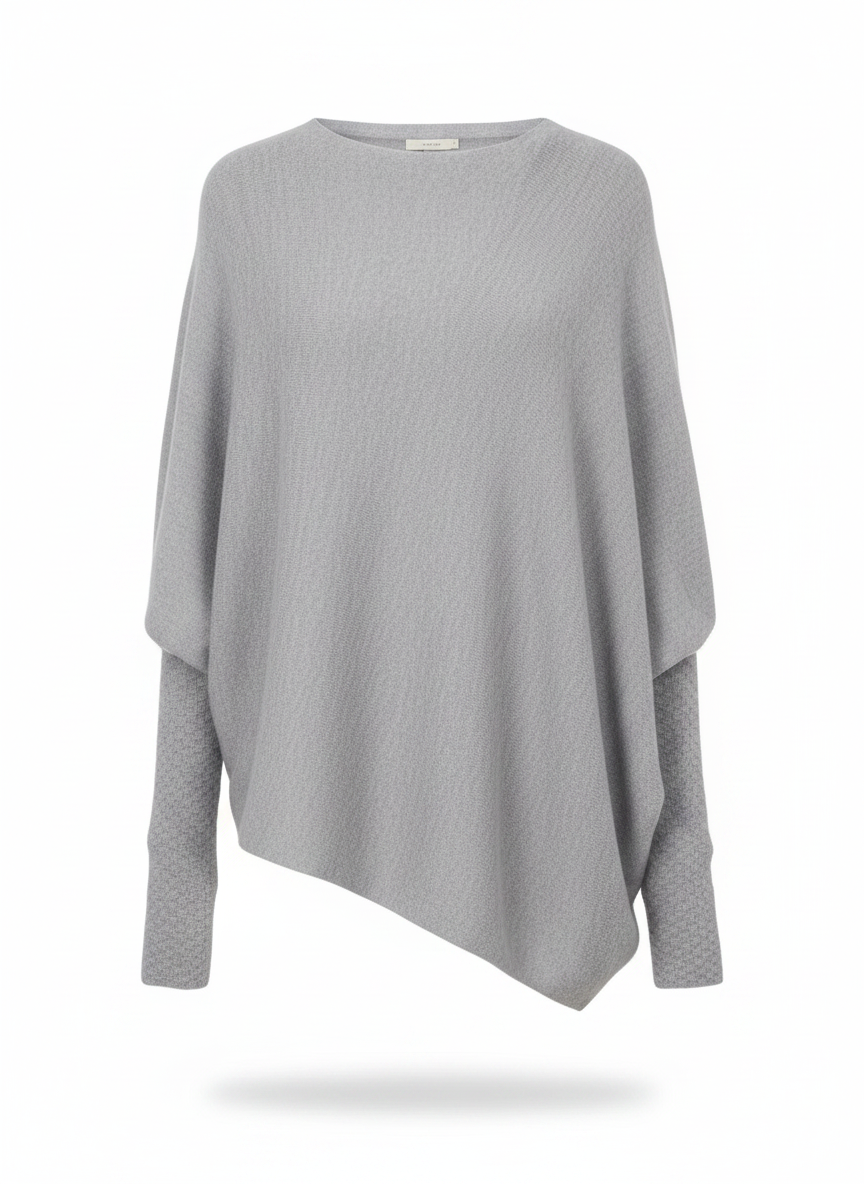 Grey asymmetric draped knit sweater with long sleeves