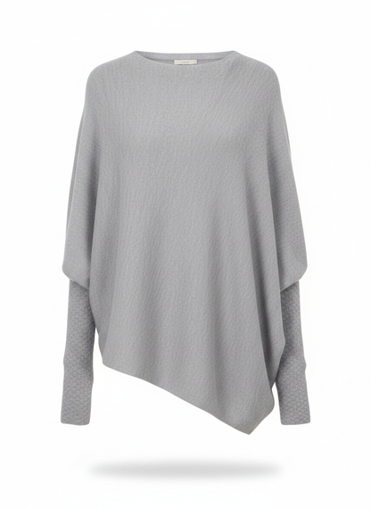 Grey asymmetric draped knit sweater with long sleeves