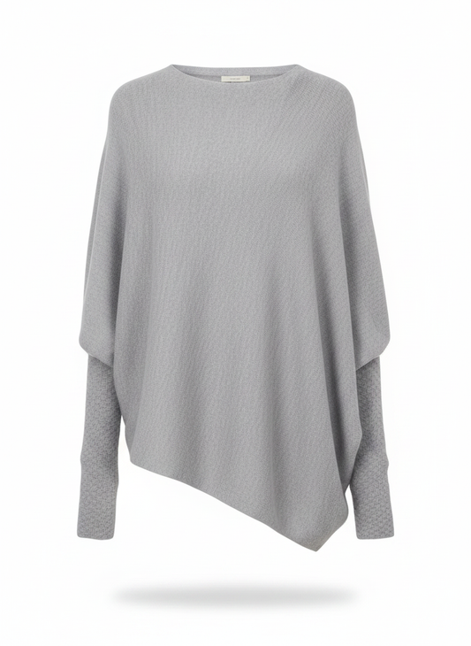 Grey asymmetric draped knit sweater with long sleeves